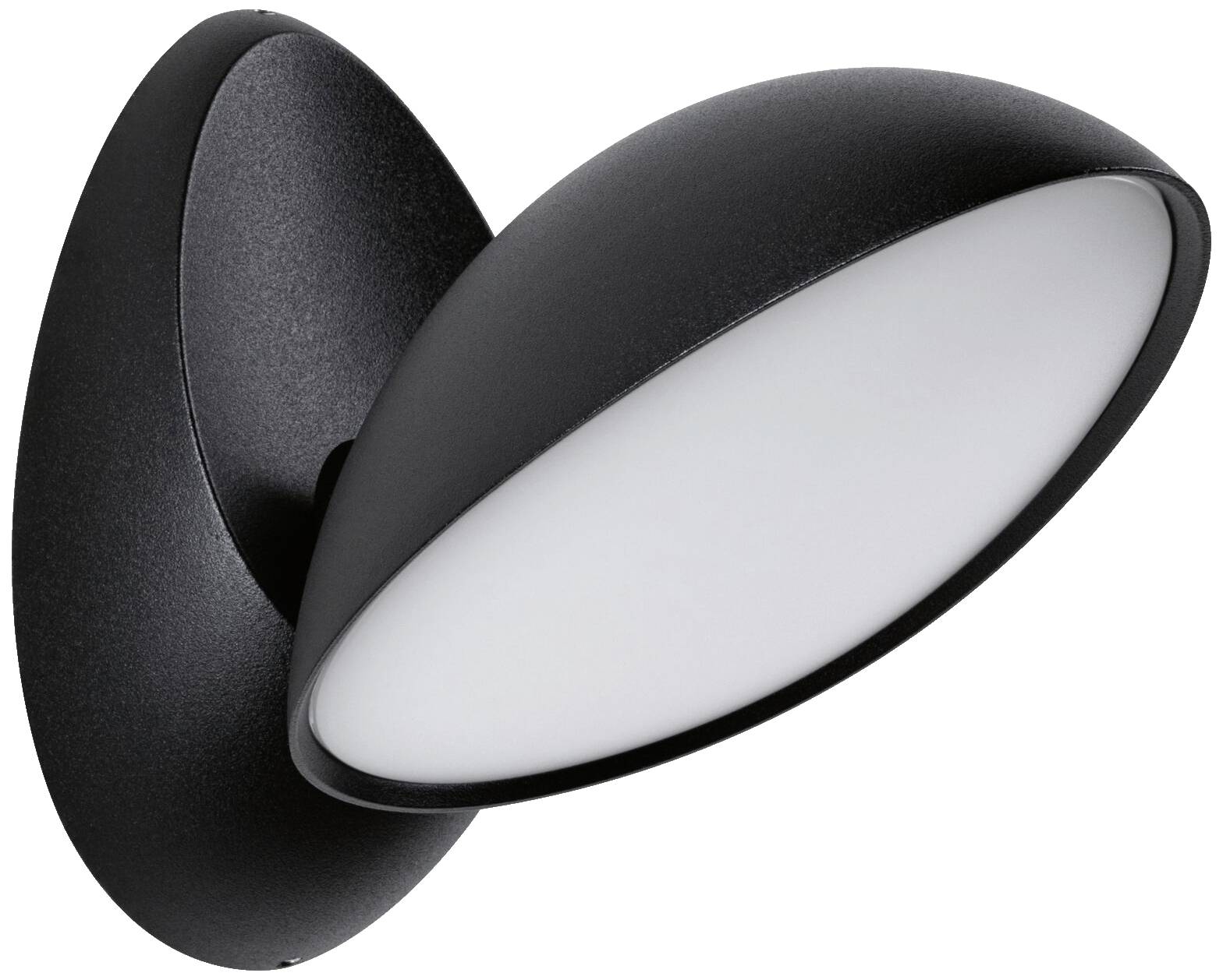 Schwarze, ovale Wandleuchte mit glatter, weißer Front. Geeignet für moderne Innenräume.
