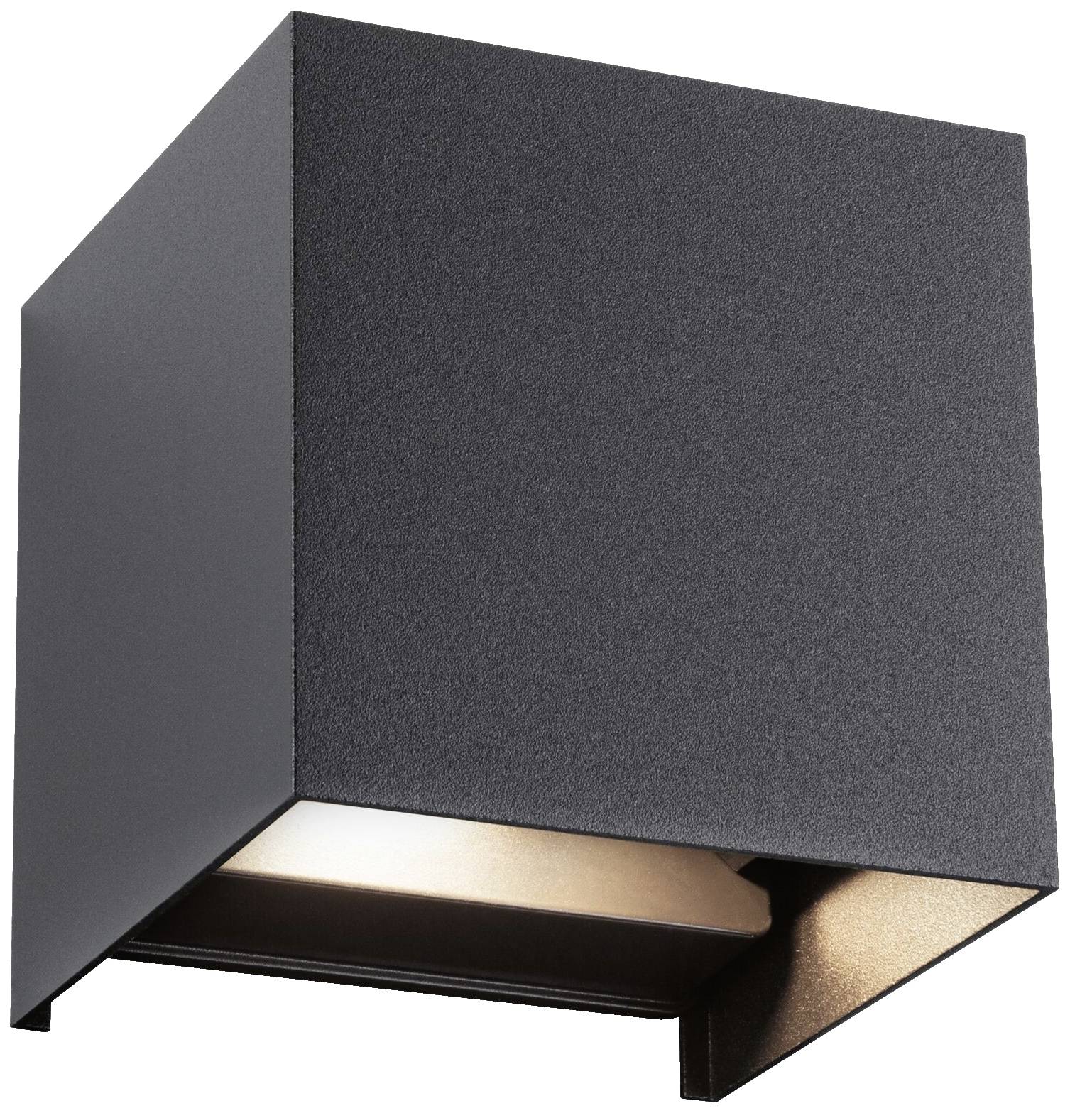 Eine moderne, schwarze Wandlampe in Würfelform. Licht strahlt nach oben und unten, ideal für zeitgenössische Innenraumbeleuchtung.