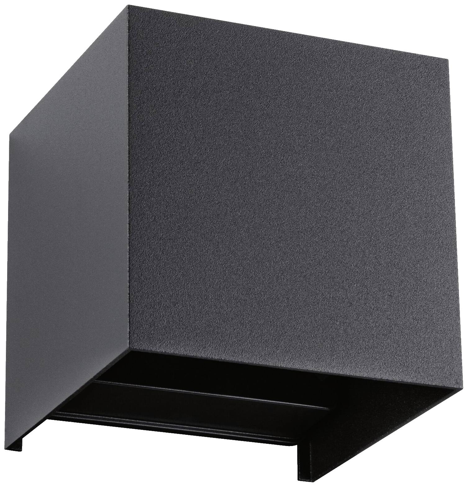 Schwarze, würfelförmige Außenleuchte an der Wand, beleuchtet die Umgebung nach oben und unten. Ideal für moderne Architektur.