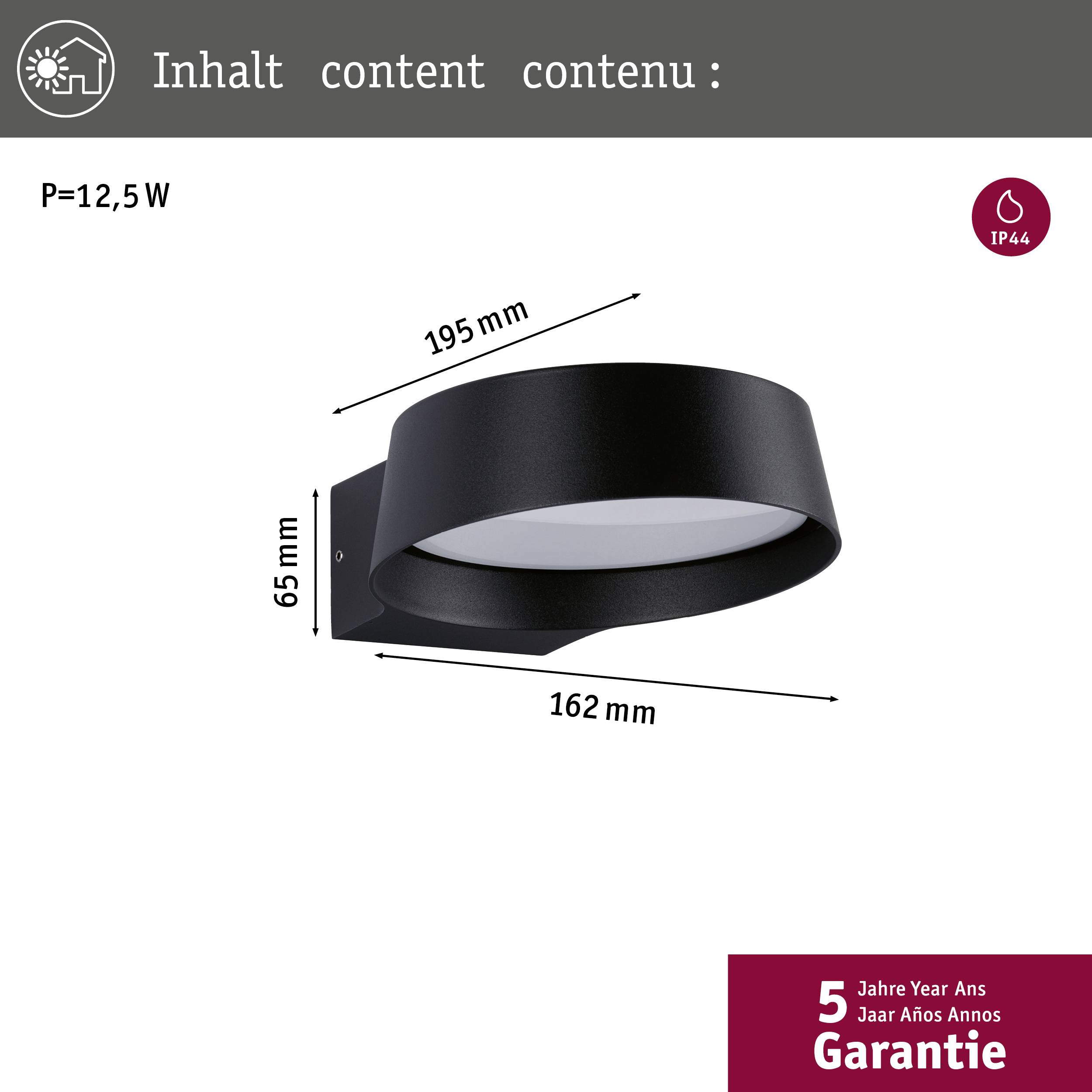 'Schwarze Wandlampe mit den Maßen 65 mm x 162 mm x 195 mm. Leistung: 12,5 W, Schutzart IP44. 5 Jahre Garantie.'