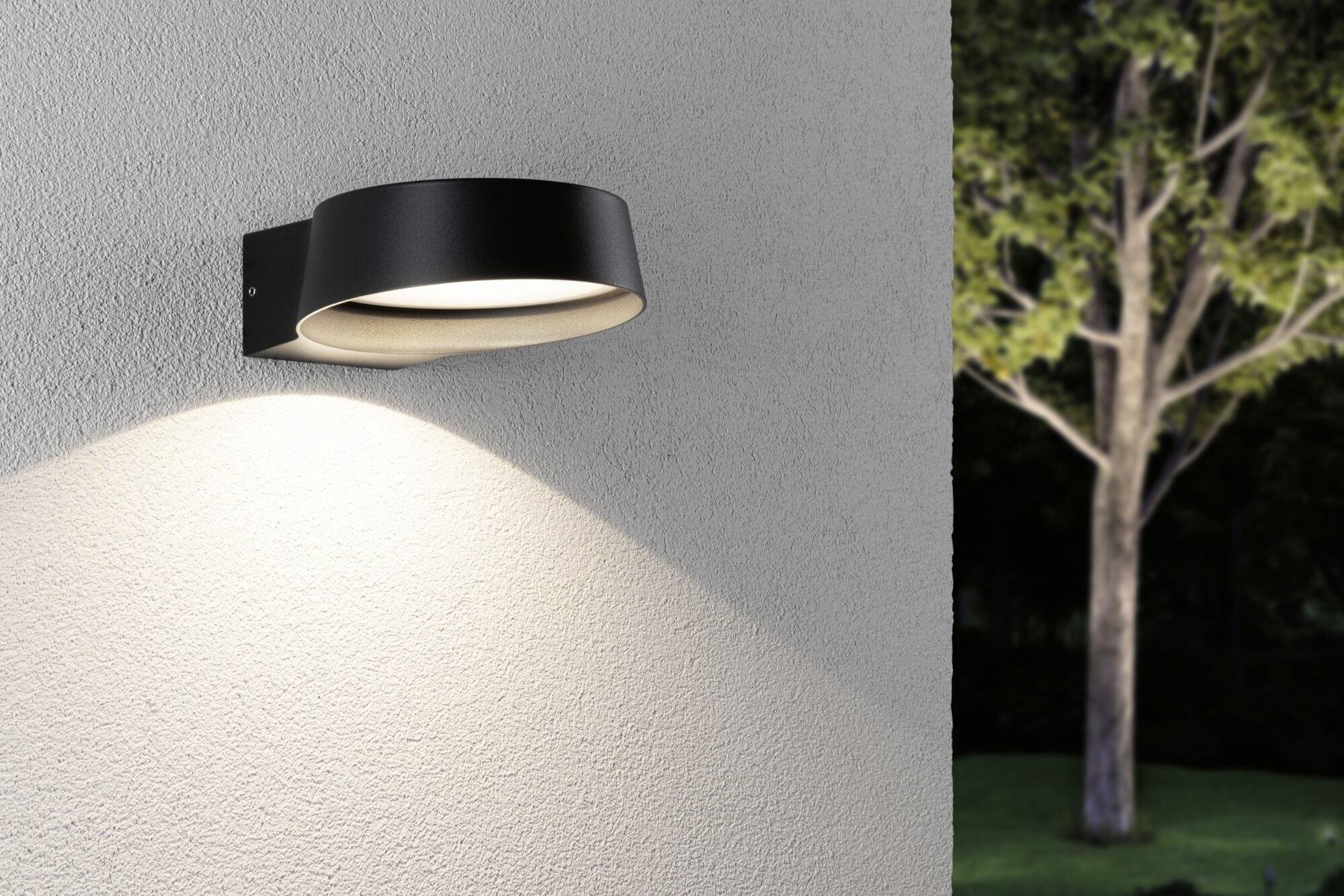 Wandleuchte aus schwarzem Metall beleuchtet eine weiße Wand. Im Hintergrund befindet sich unscharf ein Baum.