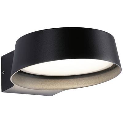 Schwarze, runde LED-Wandleuchte mit weißer Abdeckung, die gleichmäßiges Licht in einem Raum verbreitet. Modernes Design.