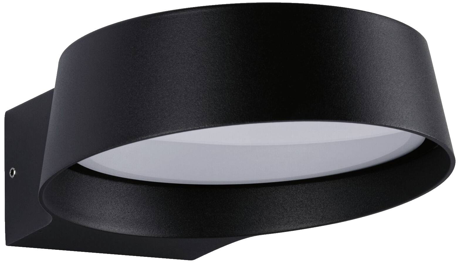 Schwarze, moderne Wandleuchte mit rundem, elegantem Design und weißer Abdeckung.