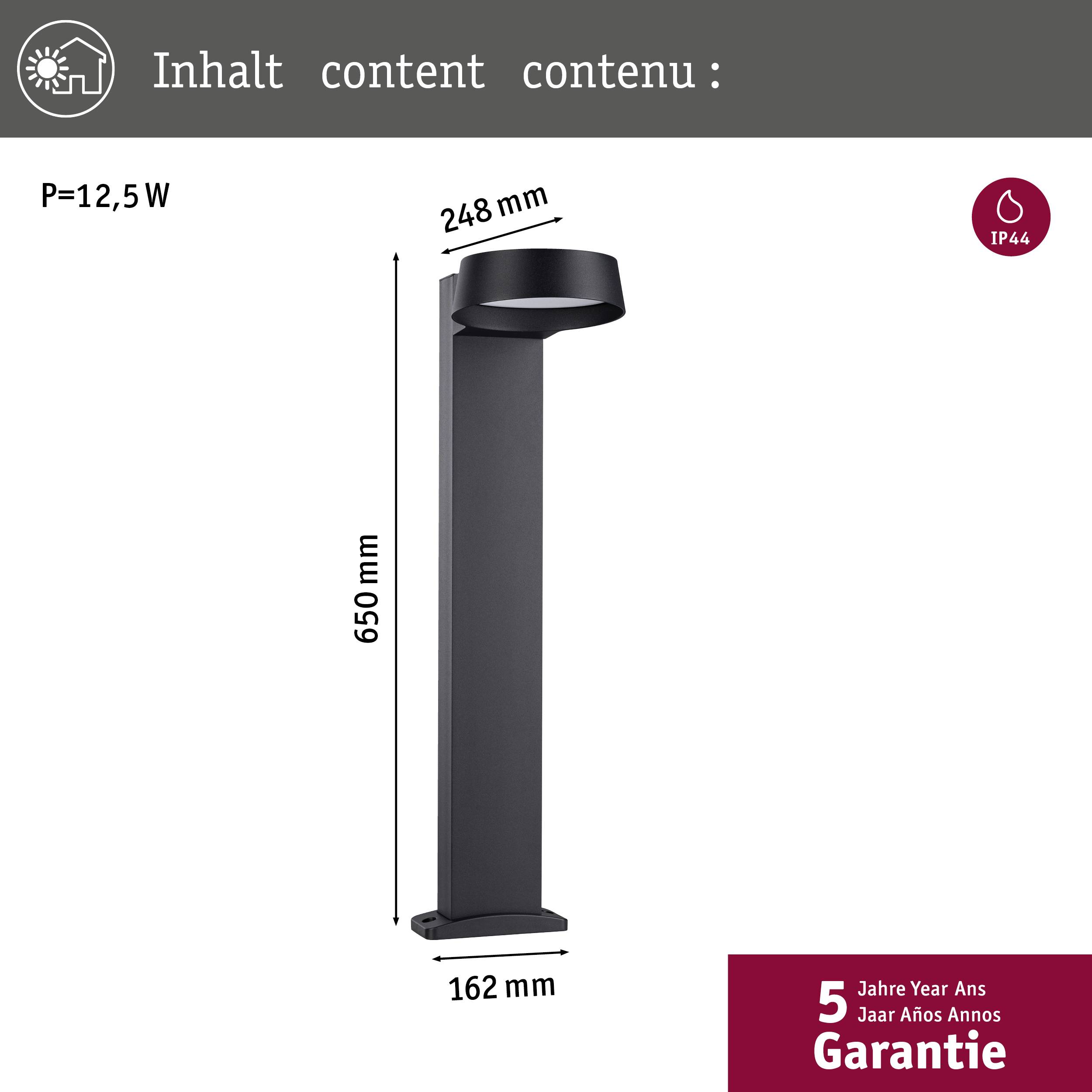 Eine schwarze Stehleuchte mit den Abmessungen 650 mm Höhe, 248 mm Breite, 162 mm Tiefe, Leistung 12,5 W, IP44 geschützt, 5 Jahre Garantie.