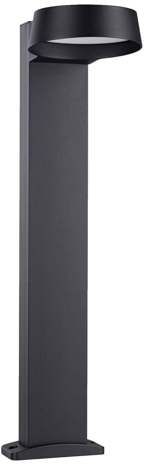 Schwarze, moderne Außenlampe in Form einer schlanken Stele mit kreisförmigem Leuchtelement oben.