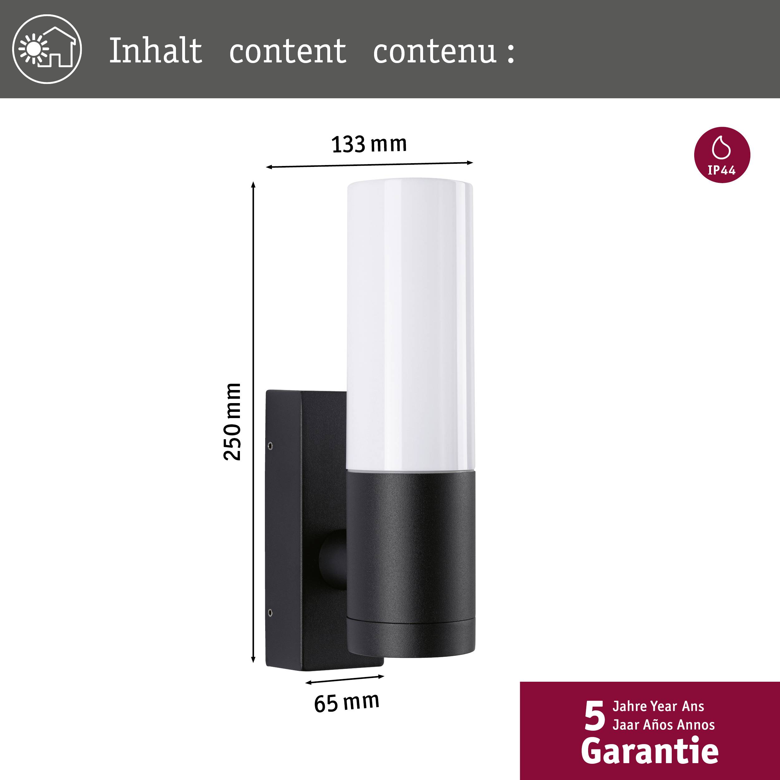 Wandleuchte, zylindrisch, 250 mm hoch, 133 mm breit, IP44-Schutzklasse, 5 Jahre Garantie. Farbschema: schwarz und weiß.