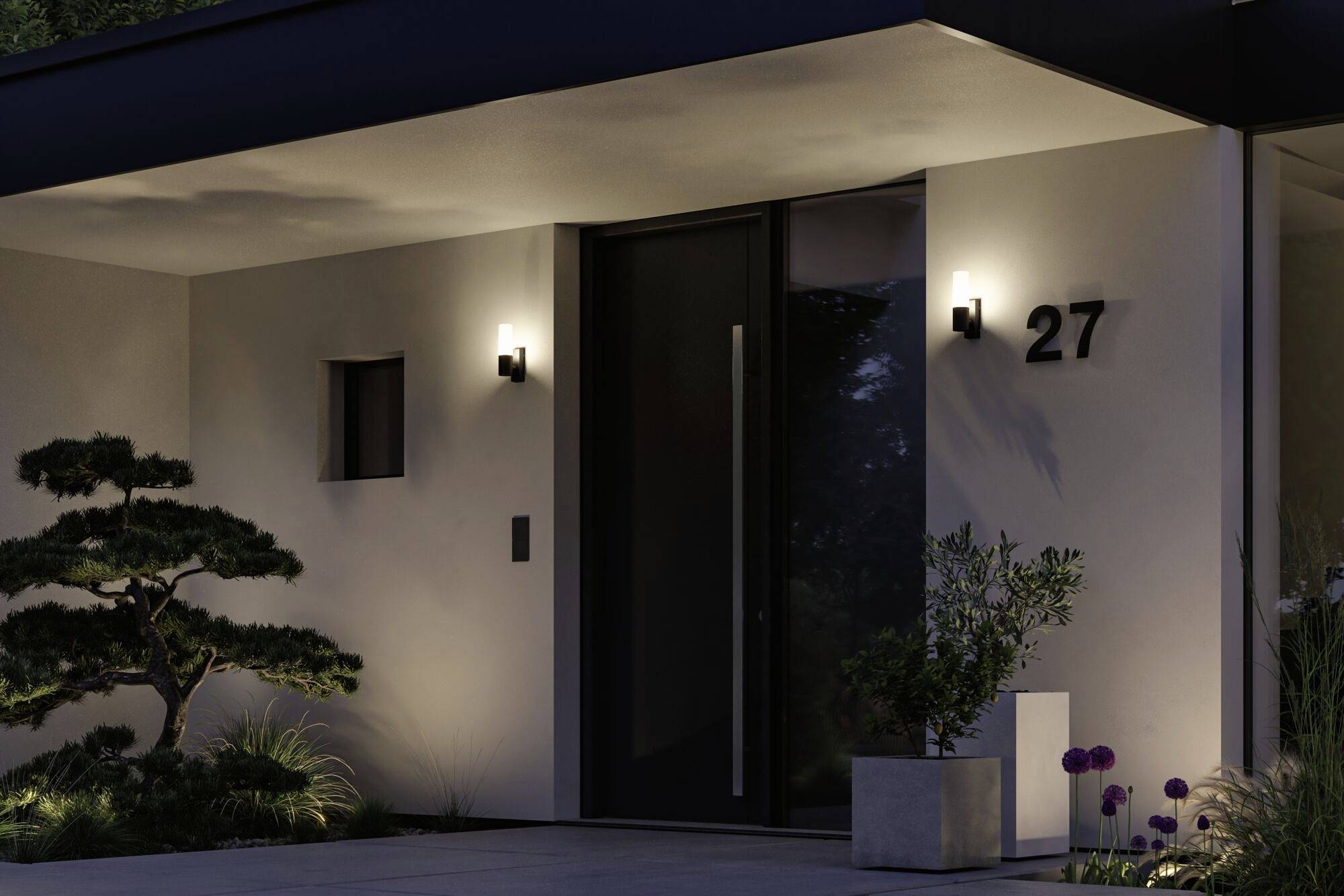 Moderne Eingangstür eines Hauses mit der Nummer 27, umrahmt von schlichter Außenbeleuchtung und minimalistischer Bepflanzung.