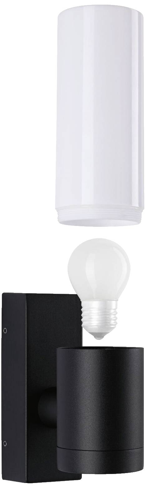 Eine schwarze Wandleuchte mit zylindrischem Lampenschirm und herausragender Glühbirne. Ideal für moderne Innen- und Außenbereiche.