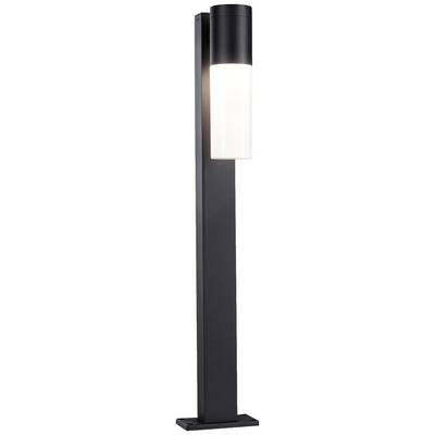 Eine moderne, schwarze Außenlampe mit einem zylindrischen weißen Leuchtkörper auf einem rechteckigen Sockel.