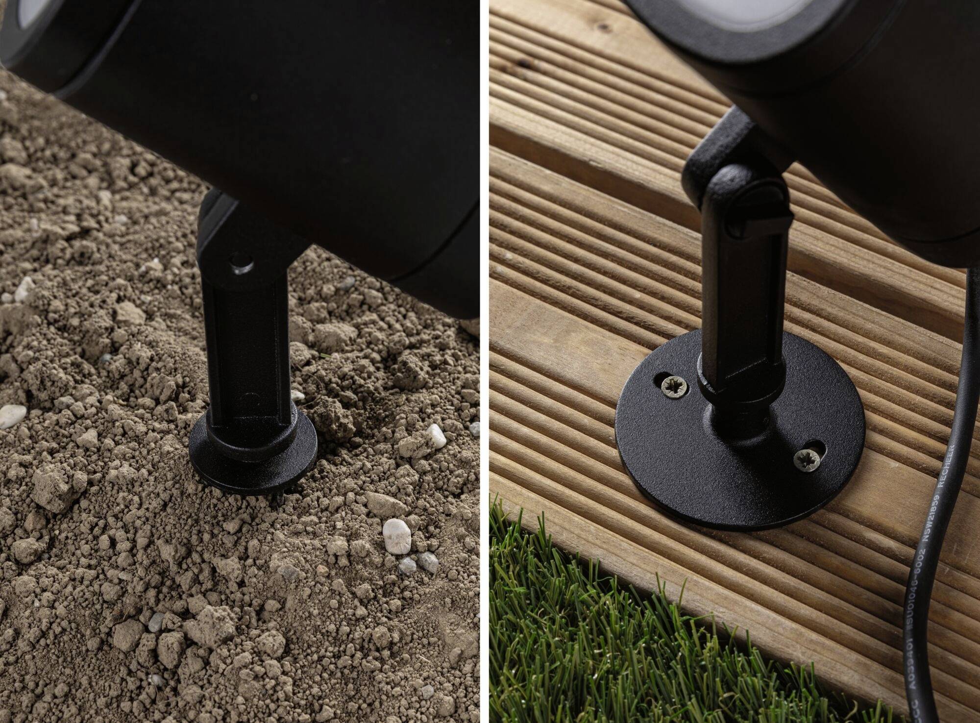 Zwei Ansichten einer schwarzen Bodenleuchte: links im Erdreich montiert, rechts auf Holzterrasse; zeigt vielseitige Installationsmöglichkeiten.