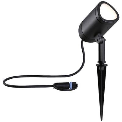 Schwarzer LED-Außenstrahler mit Erdspieß und Anschlusskabel. Geeignet für Gartenbeleuchtung.