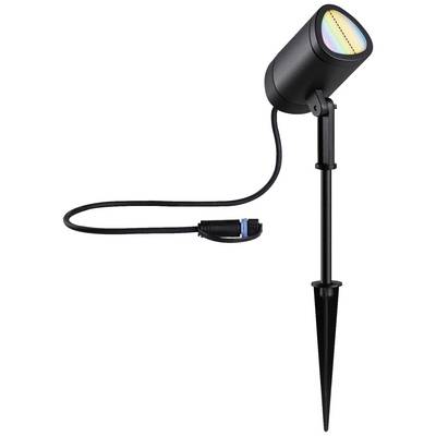 Ein schwarzer LED-Außenstrahler auf einem Erdspieß mit Stromkabel. Der Strahler hat ein kreisförmiges Lichtfenster.