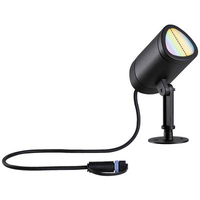 Schwarzer LED-Strahler mit einem Kabel und Stecker, zeigt einen Farbverlauf auf der Linse.
