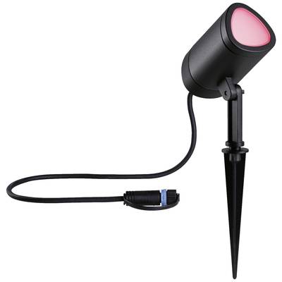 Schwarzer LED-Bodenstrahler mit Erdspieß, rotes Licht abstrahlend, mit Kabel und Stecker, für Garten- oder Außenbeleuchtung geeignet.