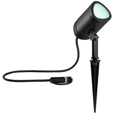 Schwarzer LED-Gartenstrahler mit Erdspieß, rundem Lampenkopf und grünem Licht. Ein schwarz-blaues Stromkabel ist angeschlossen.