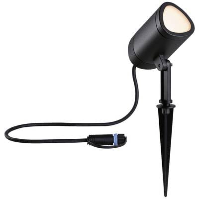 Eine schwarze LED-Gartenleuchte mit Erdspieß und Kabel. Die Leuchte ist für den Außeneinsatz konzipiert und leuchtet warmweiß.
