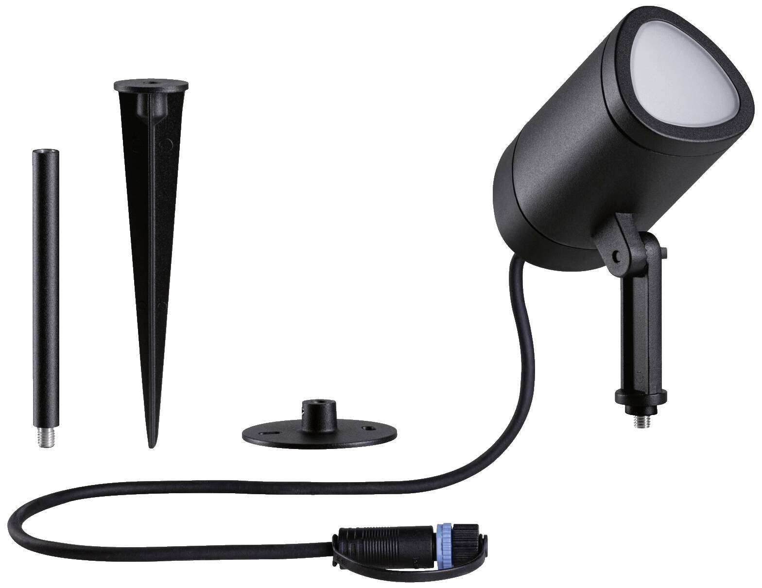 Schwarzer LED-Strahler mit Erdspieß, Kabel und Montagezubehör. Geeignet für Außenbeleuchtung, robustes Design, einfache Installation.
