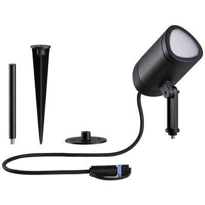 Schwarzer LED-Strahler mit Erdspieß, Kabel und Montagezubehör. Geeignet für Außenbeleuchtung, robustes Design, einfache Installation.