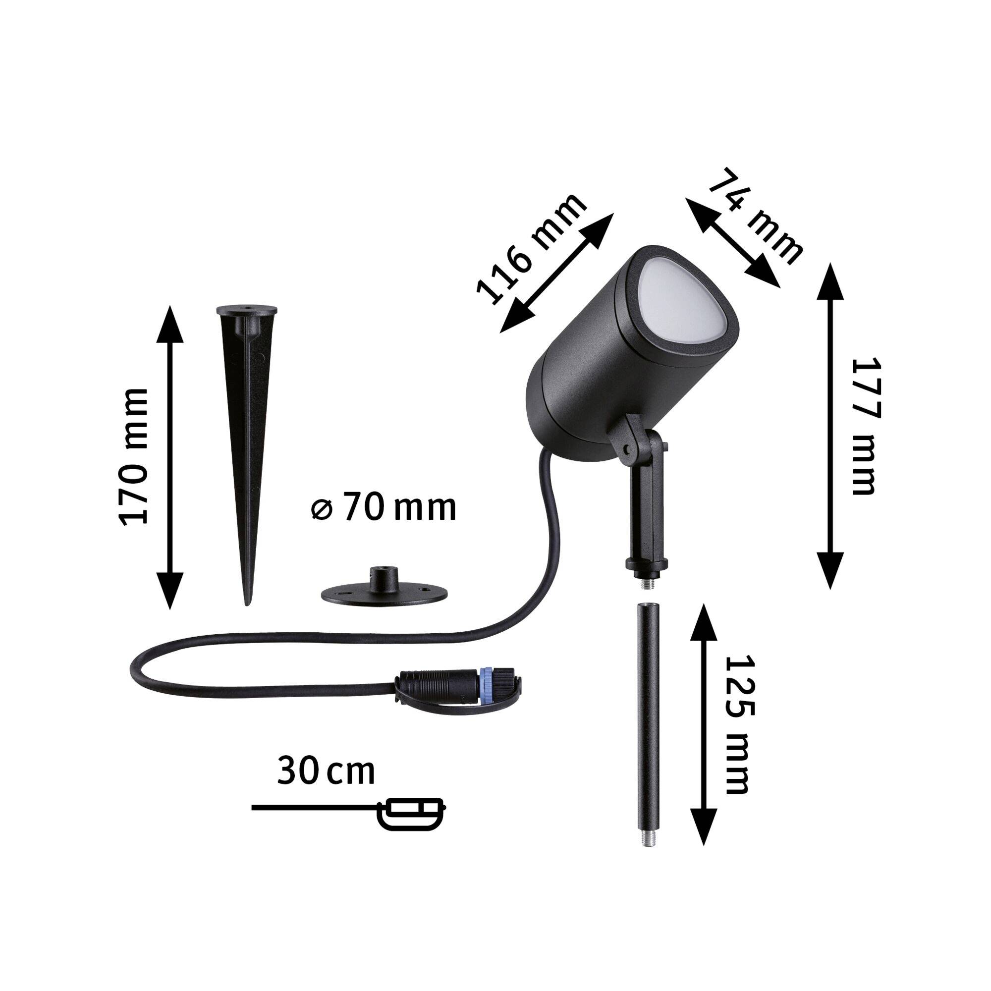 LED-Außenstrahler mit Erdspieß und Standfuß, Maße: Höhe 177 mm, Durchmesser 70 mm, Kabellänge 30 cm, schwarz.