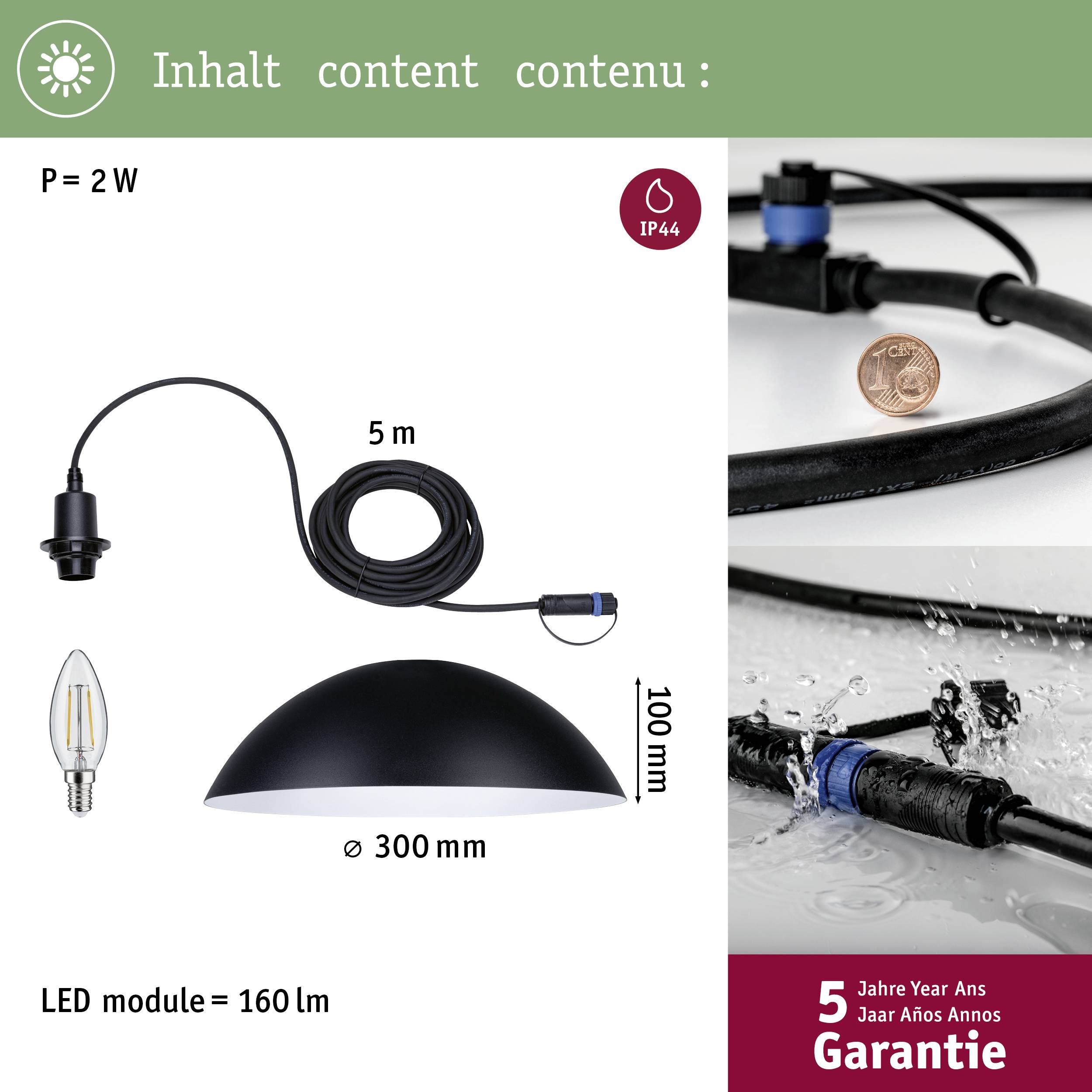 Runde schwarze Lampe mit LED-Modul (160 lm, 2 W). Durchmesser 300 mm, Höhe 100 mm, 5 m Kabel, IP44. Garantie 5 Jahre.