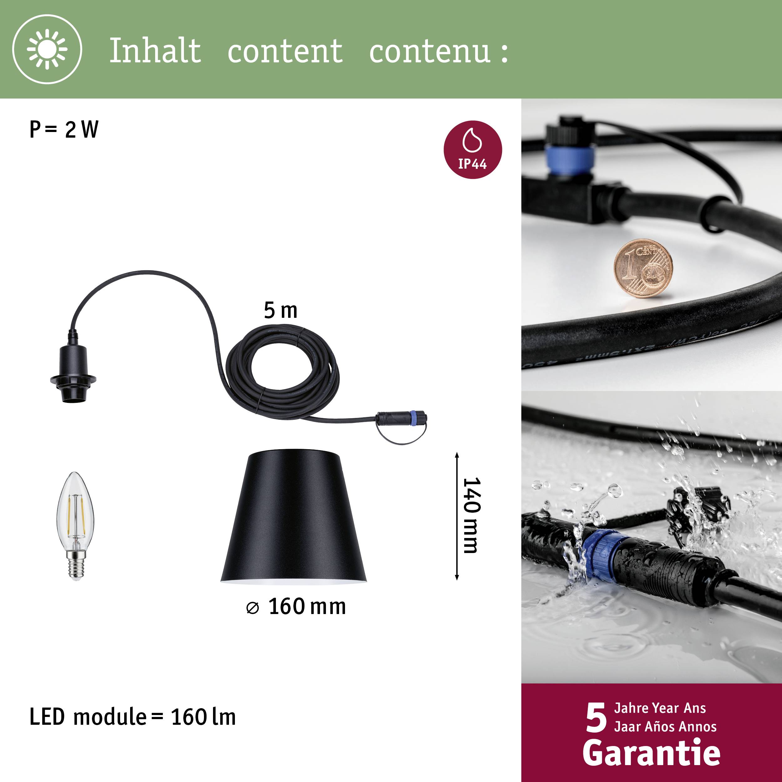 Eine schwarze Lampenfassung mit Kabel, LED-Leuchtmittel, Euro-Münze zum Größenvergleich; IP44-Schutz, besagt 5 Jahre Garantie.
