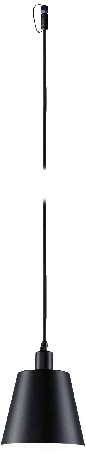 Schwarze Hängeleuchte mit langem Kabel und kegelförmigem Lampenschirm; minimalistisch und modern gestaltet.