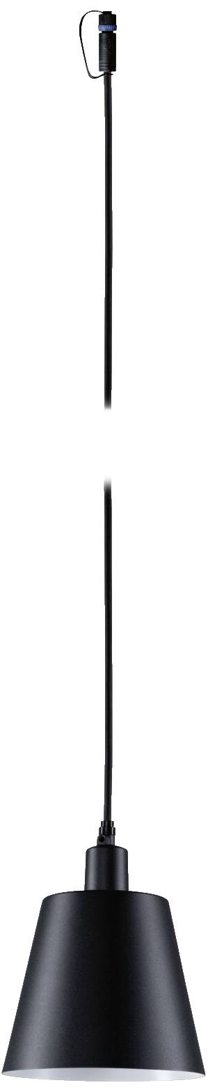 Schwarze Hängelampe mit schlichtem Design, einem langen Kabel und einem konischen Schirm. Ideal für moderne Innenräume.
