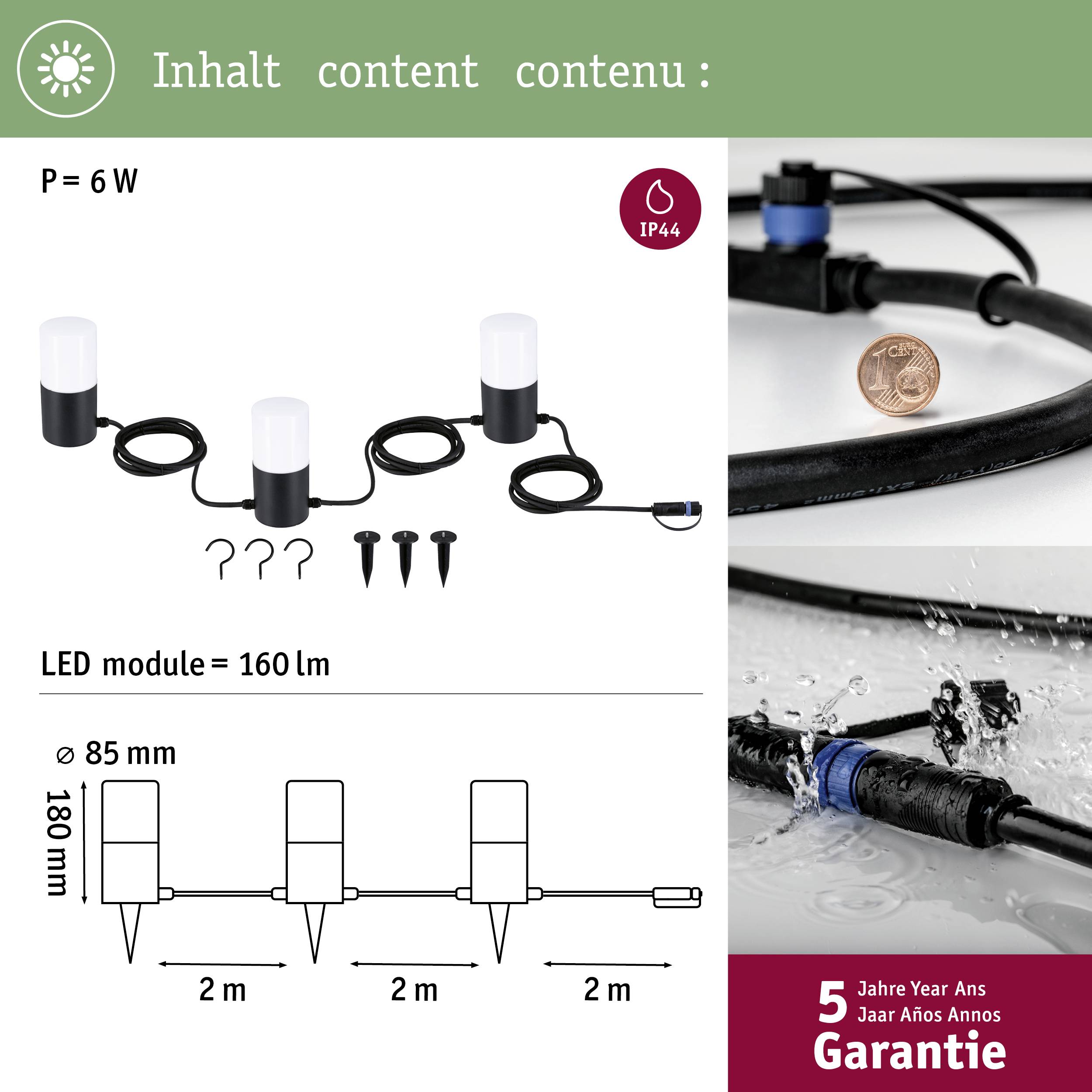 'Light chain with LED modules, IP44 marking, total length 6m, 160 lumens per module. Included: stakes, connection details, 5-year warranty.'
