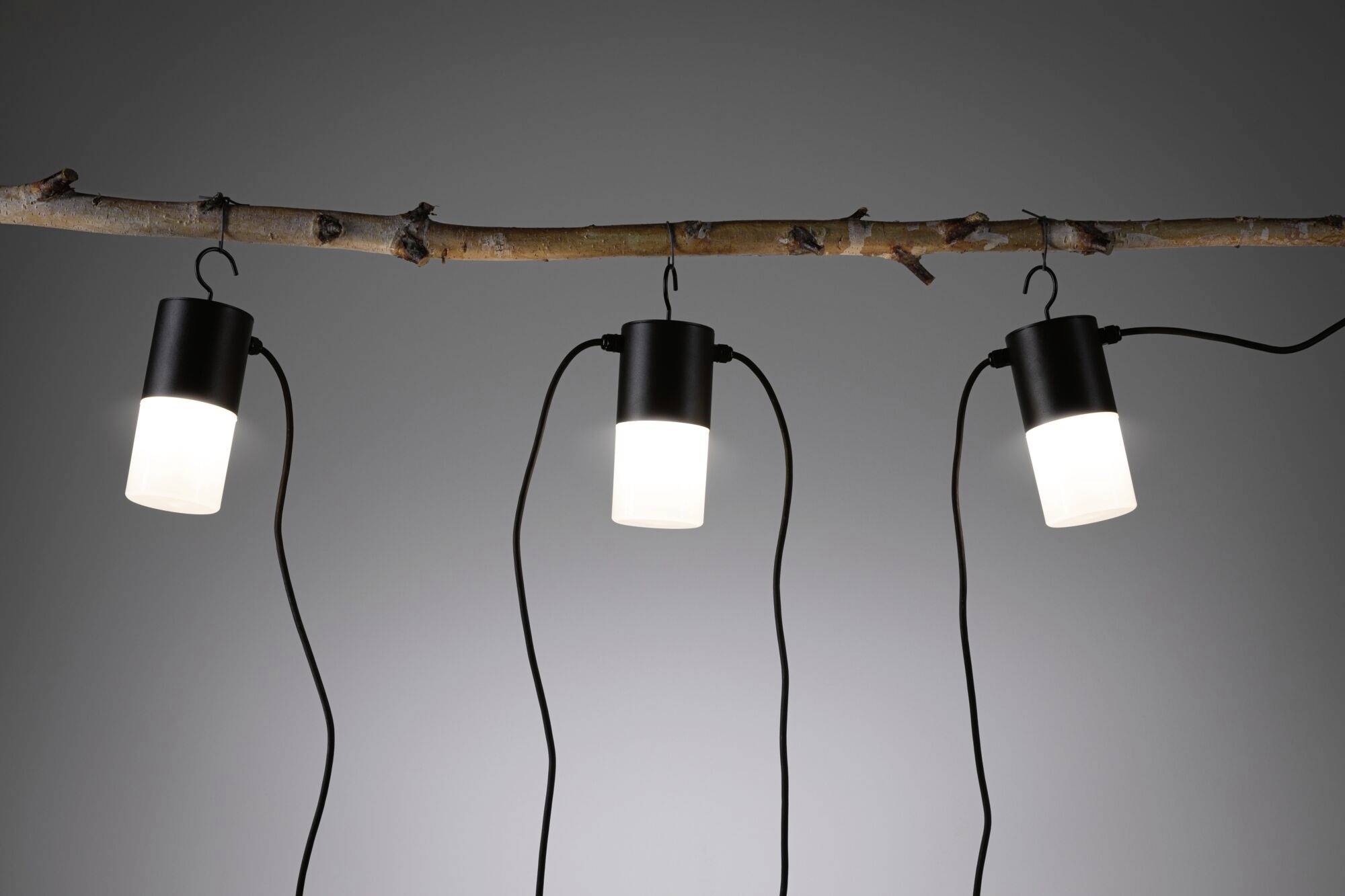 'Drei aufgehängte Lampen an einem Ast, die den Raum beleuchten.'