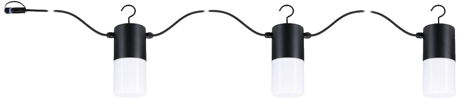 Drei schwarze, zylinderförmige Lampen mit Haken, verbunden durch ein Kabel; sie scheinen für eine Außenbeleuchtung geeignet zu sein.