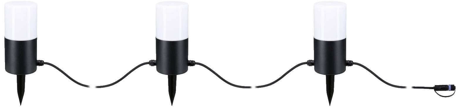 Drei schwarze Gartenleuchten mit Erdspießen, verbunden durch ein Kabel.
