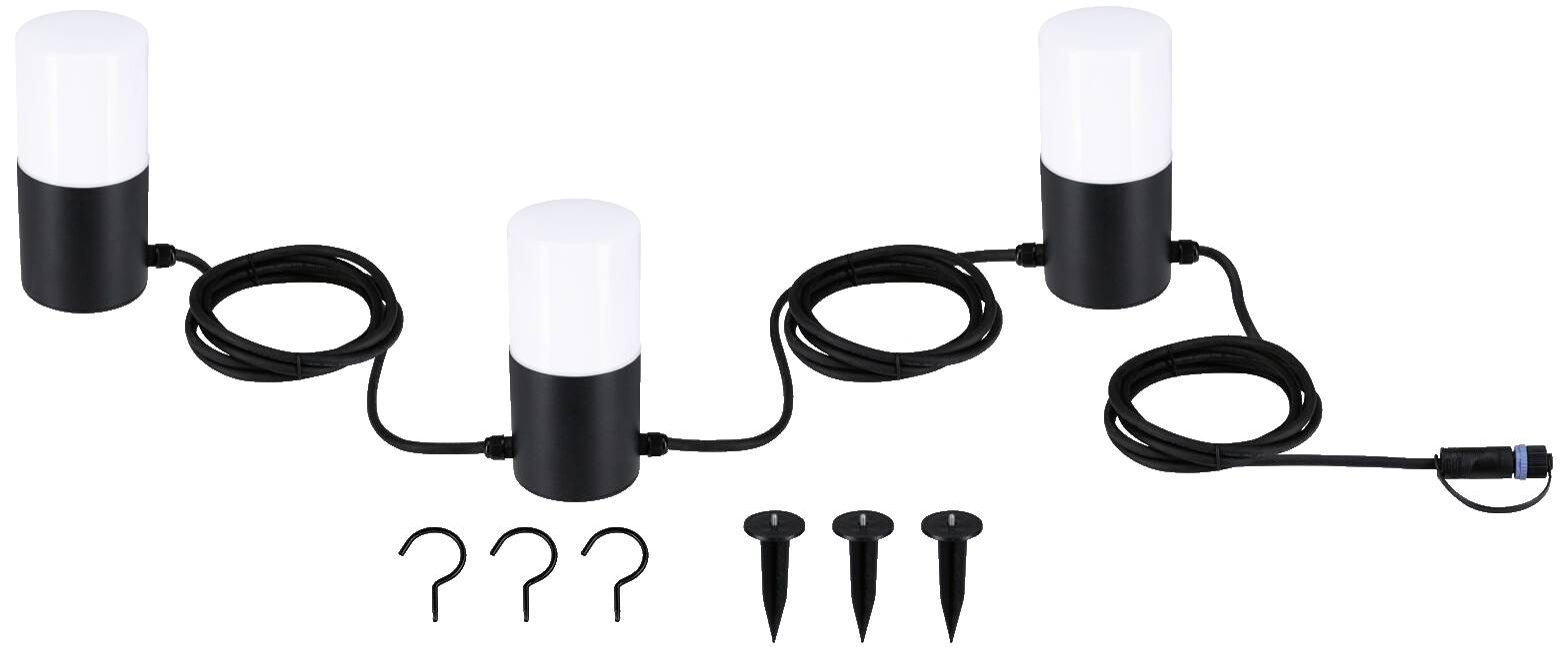 Drei Outdoor-Lichtmodule mit schwarzen Gehäusen und weißen Lichtabdeckungen, verbunden durch Kabel. Enthalten: drei Haken und drei Erdspieße.