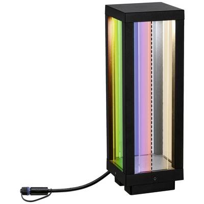 Eine rechteckige Lampe mit bunten vertikalen Leuchtstreifen in Rot, Grün, Lila und Blau. Sie steht auf einer quadratischen Basis und hat ein angeschlossenes Stromkabel.
