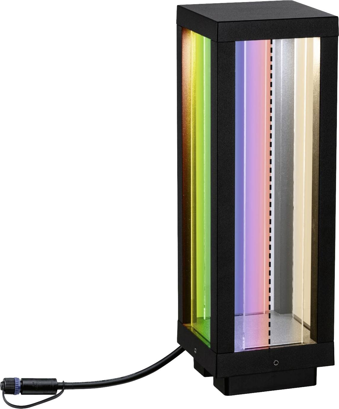 Eine rechteckige, vertikale Lampe mit mehrfarbigen, leuchtenden Paneelen und einem Stromkabel an der Basis.