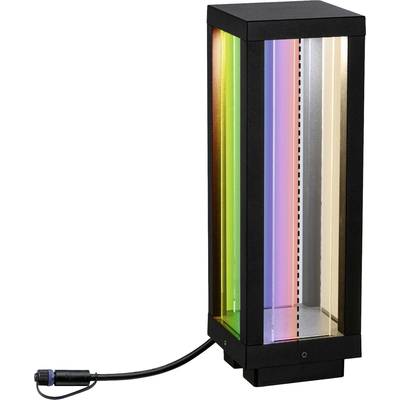 Eine rechteckige, vertikale Lampe mit mehrfarbigen, leuchtenden Paneelen und einem Stromkabel an der Basis.