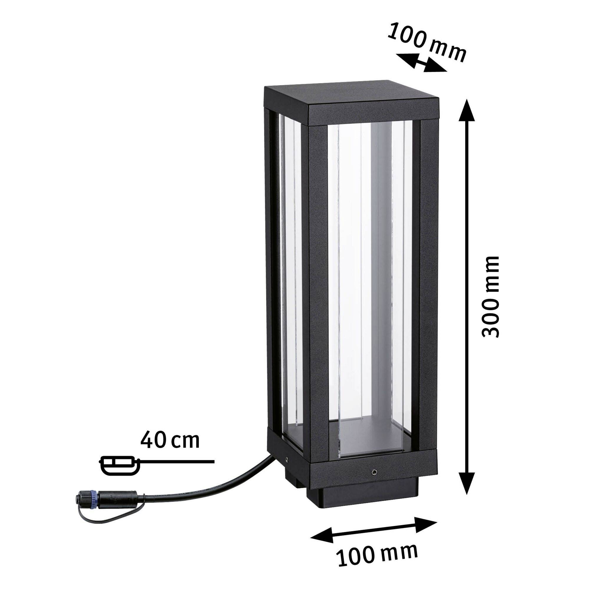 Eine schwarze rechteckige Außenleuchte mit transparenten Glasscheiben. Die Lampe ist 300 mm hoch, 100 mm breit und 100 mm tief. Ein 40 cm langes Kabel ist angeschlossen.