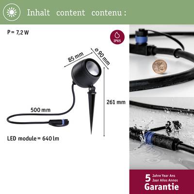 'LED-Strahler mit 640 Lumen und 7,2 W. Enthält IP65-Klassifizierung und 5 Jahre Garantie. Abmessungen: 85 mm x 90 mm, 500 mm Kabel.'