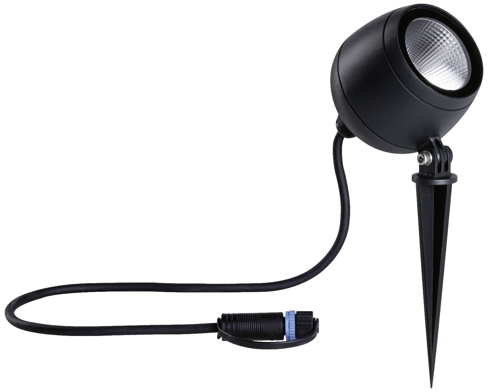 Eine schwarze Outdoor-Gartenleuchte mit Erdspieß und langem Kabel, geeignet für gezielte Beleuchtung im Außenbereich.