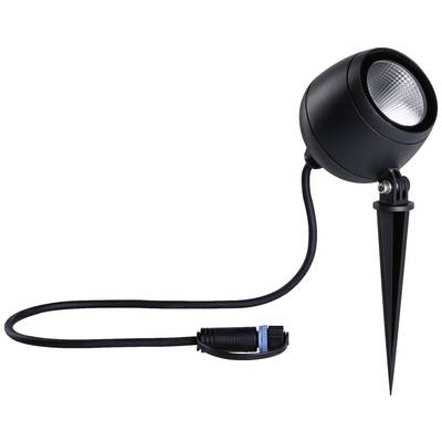 Eine schwarze Outdoor-Gartenleuchte mit Erdspieß und langem Kabel, geeignet für gezielte Beleuchtung im Außenbereich.