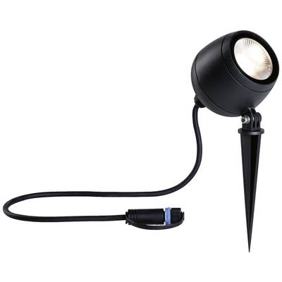 Eine schwarze Gartenleuchte auf einem Erdspieß mit einem Stromkabel und Anschlussstecker, geeignet für Außenbeleuchtung.