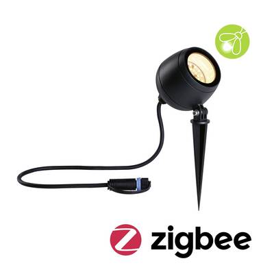Schwarzer LED-Gartenstrahler mit Erdspieß, verbundenem Stromkabel und Zigbee-Logo, geeignet für smarte Außenbeleuchtung.