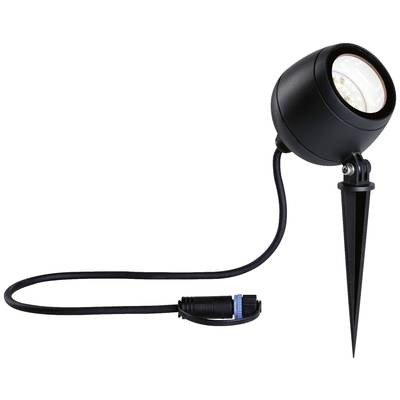 Ein schwarzer LED-Gartenstrahler mit Erdspieß und Kabel zur Außenbeleuchtung.