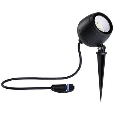 Schwarzer LED-Gartenstrahler mit Erdspieß und langem Kabel, ideal für die Beleuchtung von Außenbereichen.