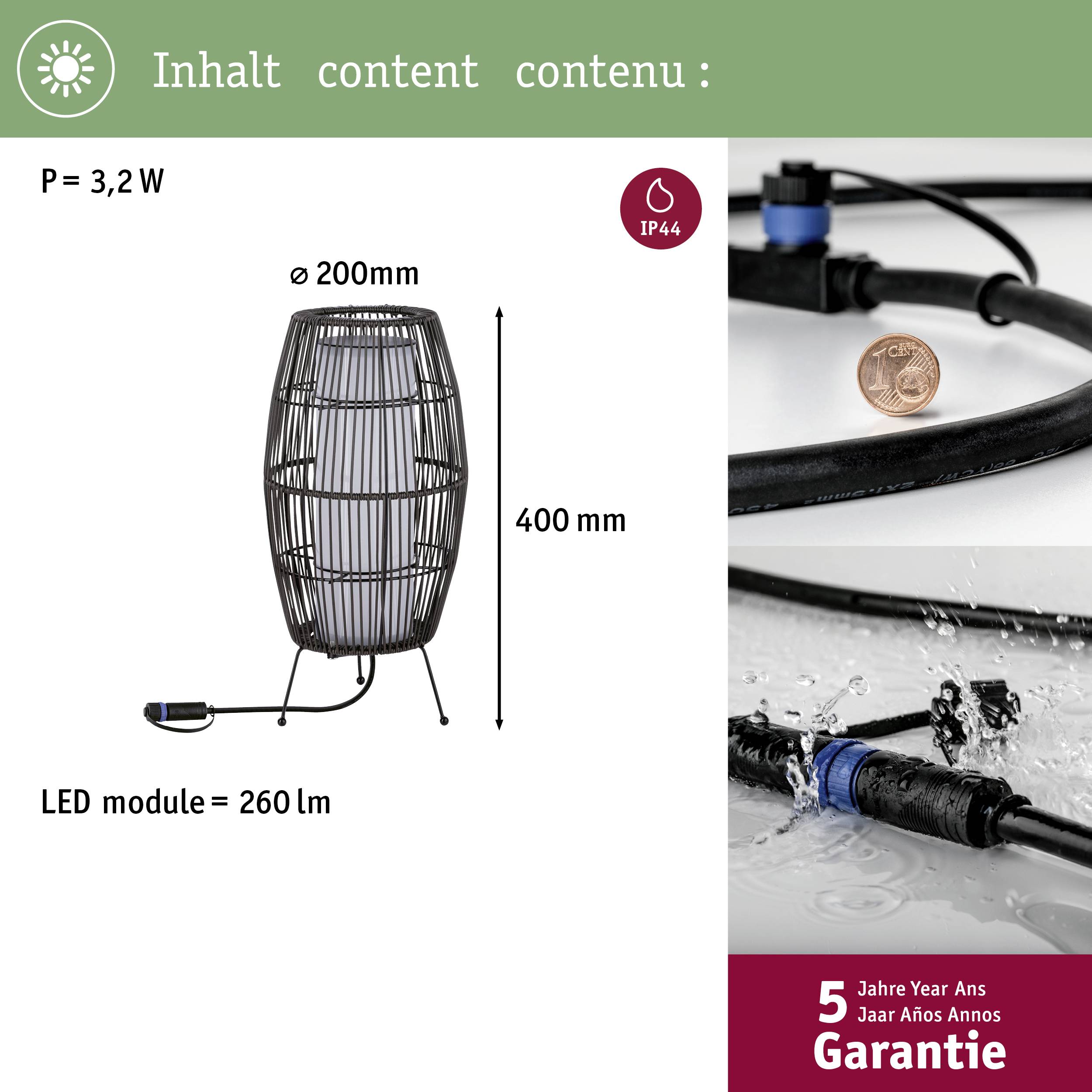 Eine runde Lampe mit Drahtkäfig-Design, 400 mm hoch und 200 mm breit. LED-Modul: 260 Lumen, P = 3,2 W, Schutzart IP44. Fünf Jahre Garantie.