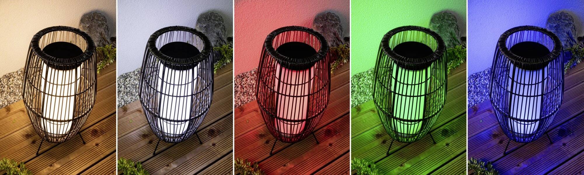 Fünf Bilder zeigen eine Laterne, die nacheinander weiß, rot, grün, blau und lila leuchtet, auf einem Holzuntergrund stehend.