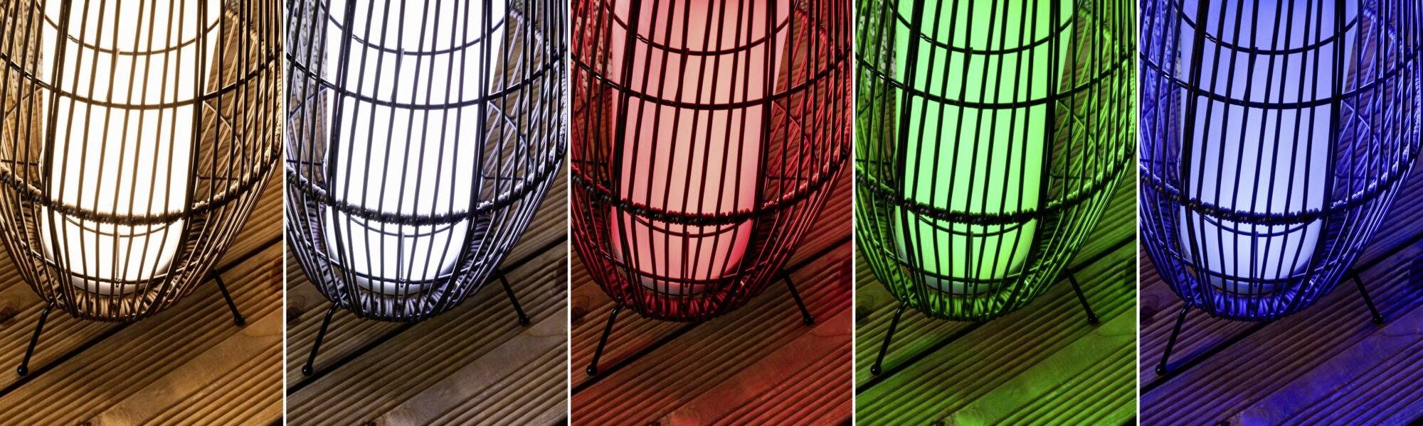 Fünf Bilder in einem Bildstreifen zeigen eine Lampe in einem Metallkorb, die in unterschiedlichen Farben leuchtet: Weiß, Rot, Grün, Blau.