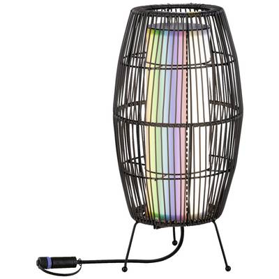 Eine schwarze, zylinderförmige Tischlampe aus Draht mit buntem LED-Licht innen. Sie steht auf drei Beinen und hat einen Kabelanschluss.