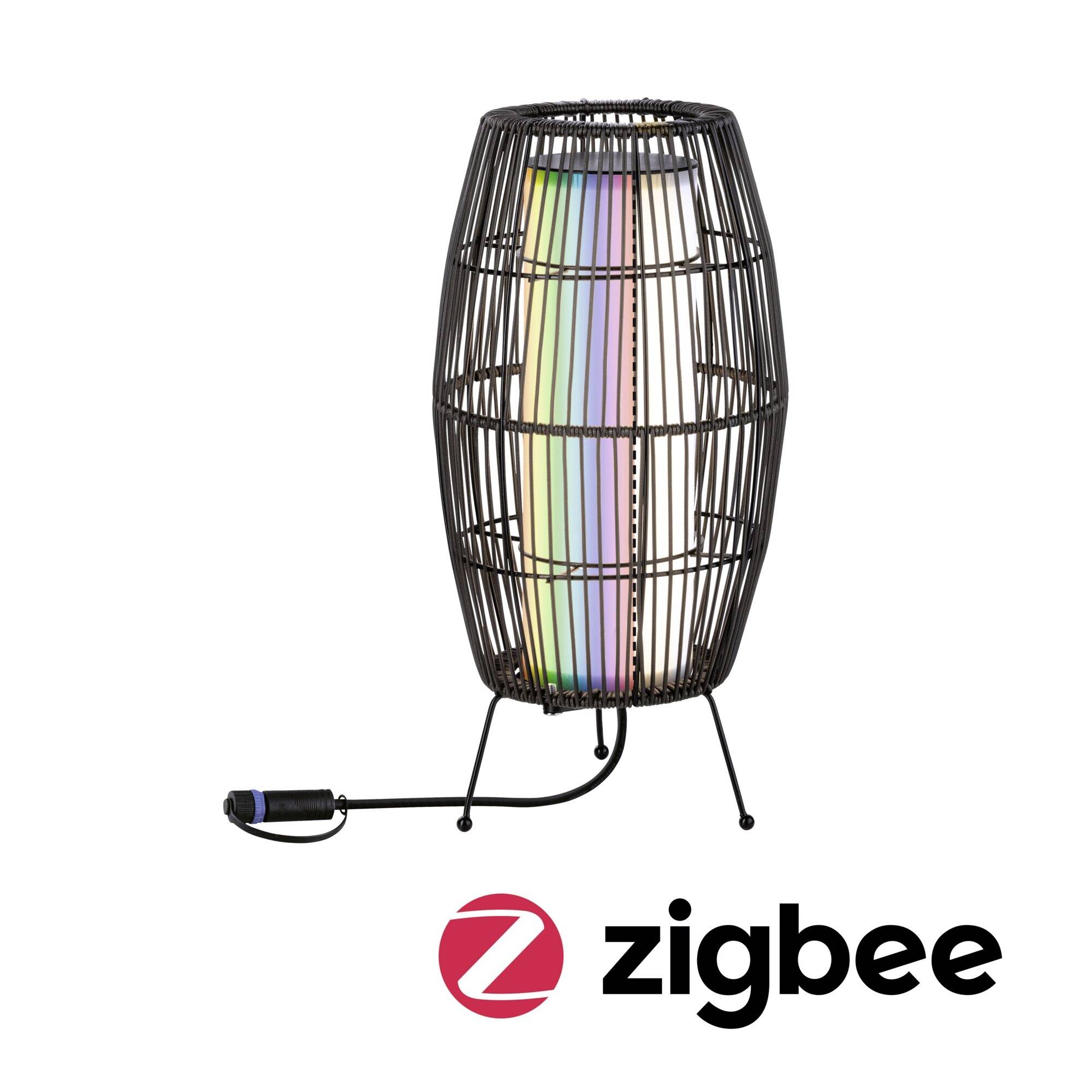Schwarze Gittertischlampe mit buntem, vertikalem Lichtstreifen im Inneren. Logo 'Zigbee' in der rechten unteren Ecke.