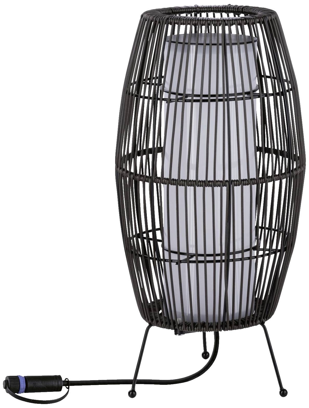 Eine moderne Tischleuchte mit schwarzem Drahtgestell und integriertem Kabel. Ideal als stilvolle Beleuchtung für Innenräume.