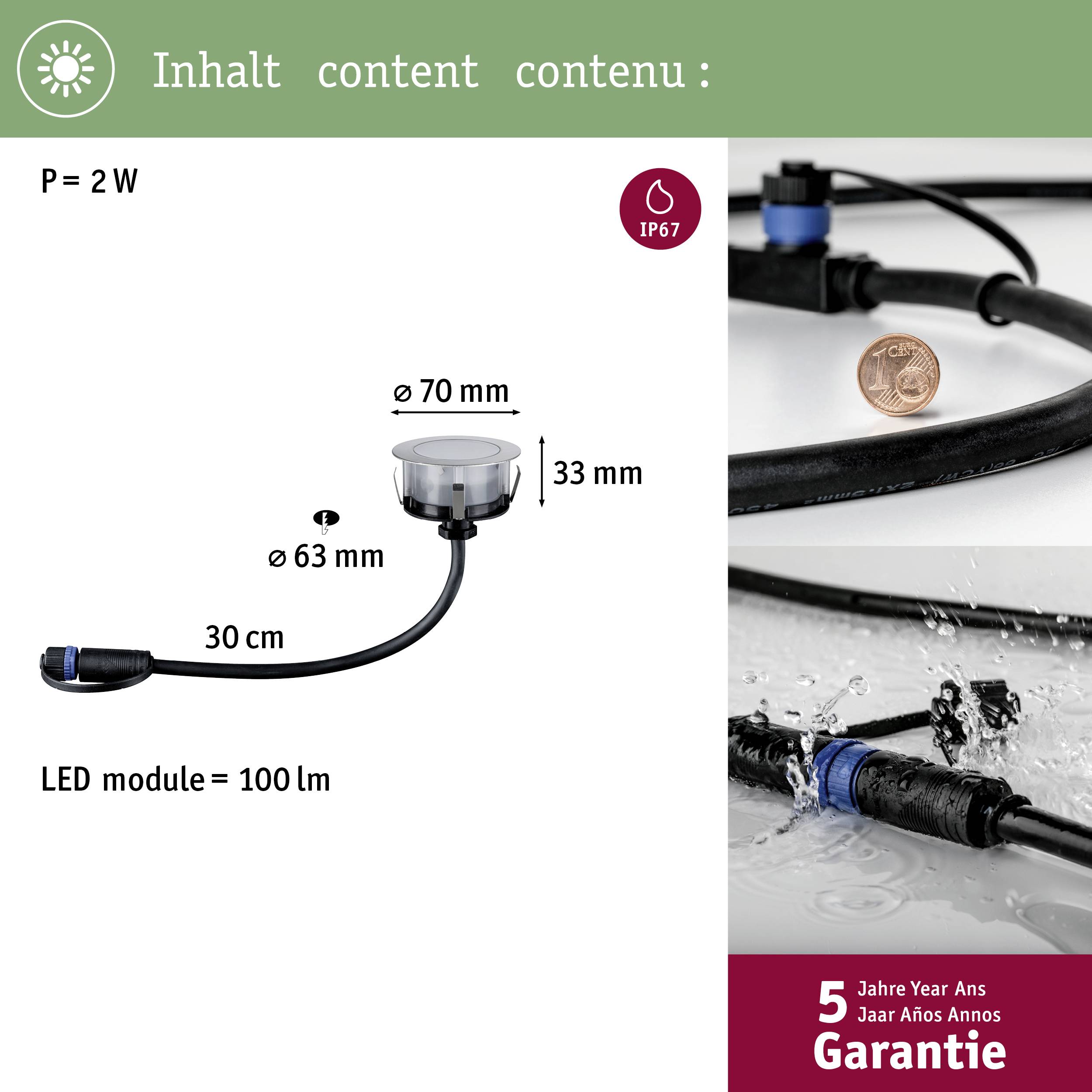 'Kleines LED-Modul mit 2W Leistung, 70mm Durchmesser, IP67-Schutz. 100 Lumen Helligkeit. 5 Jahre Garantie.'